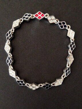 Silver magnetic closure bracelet with black enamel, cz and red enamel